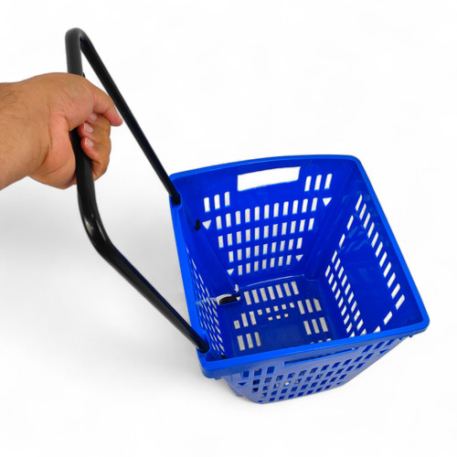 52L Blue Plastic Trolley Basket w/ Wheels & Handle - Supermarket Retail Use