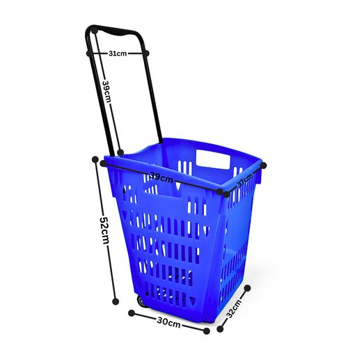 52L Blue Plastic Trolley Basket w/ Wheels & Handle - Supermarket Retail Use, dimension guide on a white background