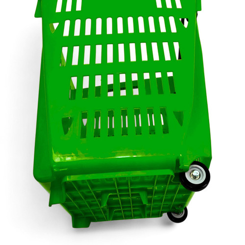 52L Green Plastic Trolley Basket w/ Wheels & Handle - Supermarket Retail Use, close product view on a white background, tight, centred square layout