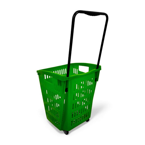 52L Green Plastic Trolley Basket w/ Wheels & Handle - Supermarket Retail Use