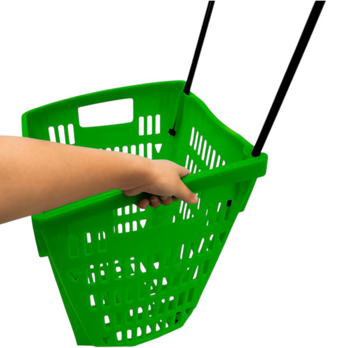 52L Green Plastic Trolley Basket w/ Wheels & Handle - Supermarket Retail Use, close product view against a coloured background, tight, centred square layout