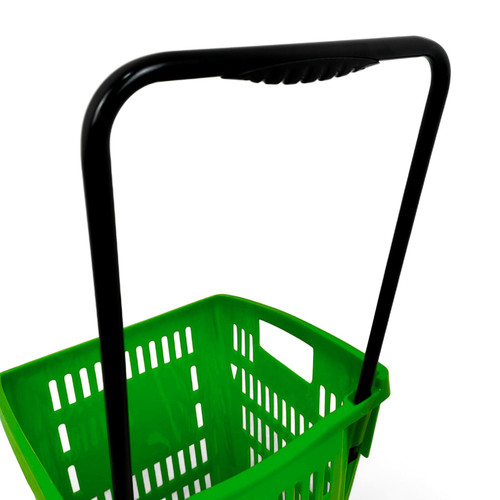 52L Green Plastic Trolley Basket w/ Wheels & Handle - Supermarket Retail Use