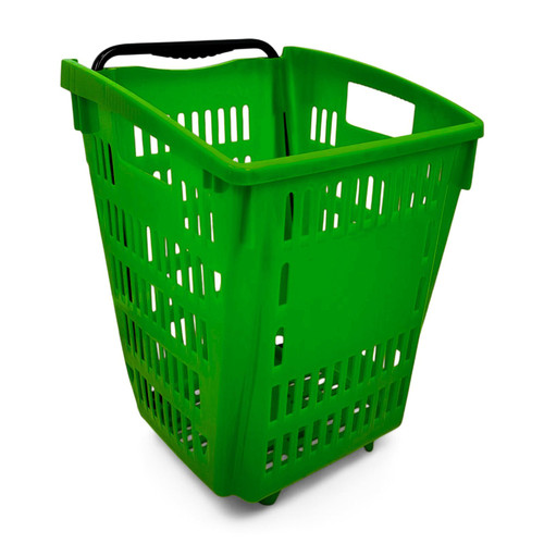 52L Green Plastic Trolley Basket w/ Wheels & Handle - Supermarket Retail Use