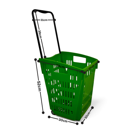 52L Green Plastic Trolley Basket w/ Wheels & Handle - Supermarket Retail Use, dimension guide on a white background