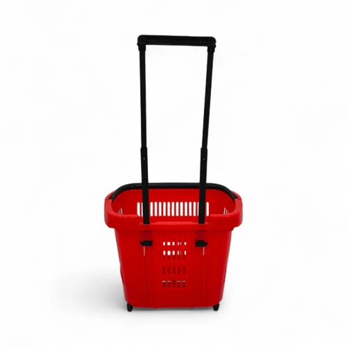 34L Red Trolley Basket w/ Wheels & Handle, product shown on a white background, brightly lit product image