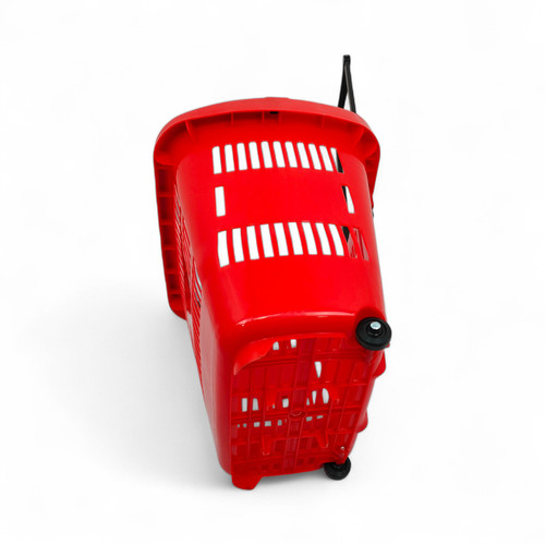 34L Red Trolley Basket w/ Wheels & Handle – Heavy Duty Plastic Shopping Cart