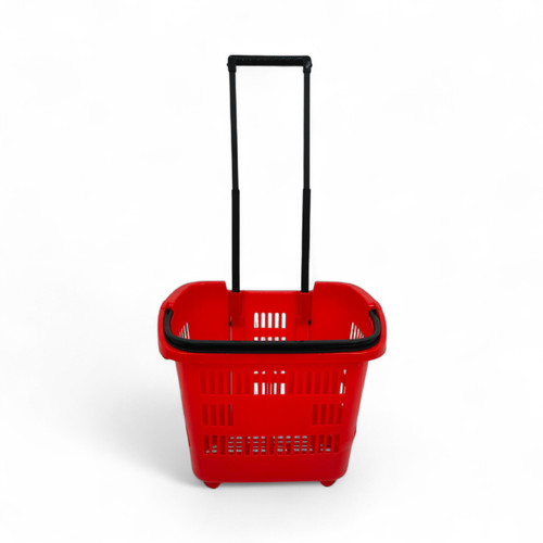 34L Red Trolley Basket w/ Wheels & Handle – Heavy Duty Plastic Shopping Cart