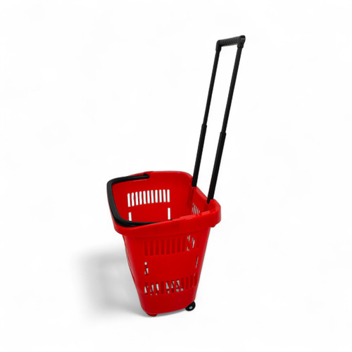 34L Red Trolley Basket w/ Wheels & Handle – Heavy Duty Plastic Shopping Cart