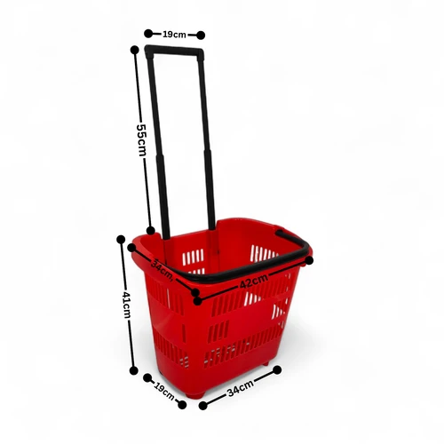 34L Red Trolley Basket w/ Wheels & Handle, dimension guide on a white background