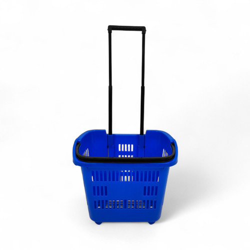34L Blue Trolley Basket w/ Wheels & Handle, product shown on a white background, balanced, centred square layout