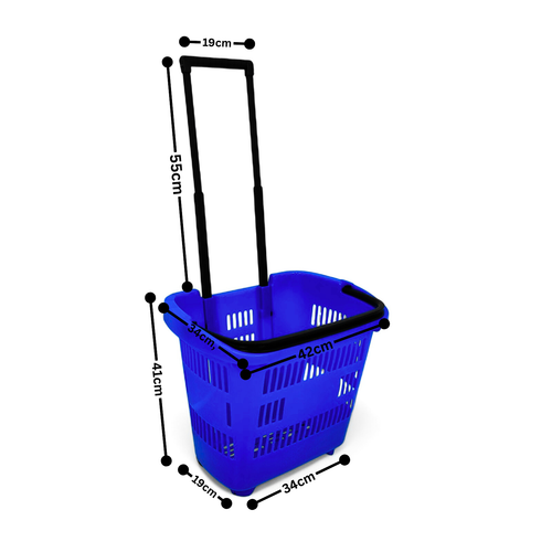 34L Blue Trolley Basket w/ Wheels & Handle, dimension guide on a white background