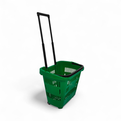 34L Green Trolley Basket w/ Wheels & Handle – Heavy Duty Plastic Shopping Cart