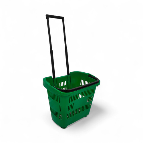 34L Green Trolley Basket w/ Wheels & Handle – Heavy Duty Plastic Shopping Cart