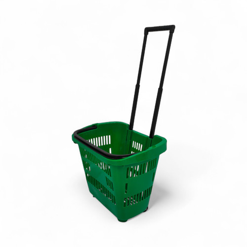 34L Green Trolley Basket w/ Wheels & Handle – Heavy Duty Plastic Shopping Cart