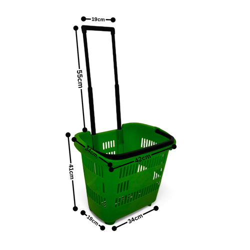 34L Green Trolley Basket w/ Wheels & Handle – Heavy Duty Plastic Shopping Cart
