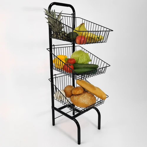 3 Tier Black Wire Basket Stand, full-height product view against a light background, balanced, centred square layout