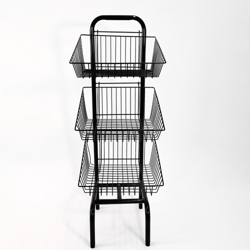 3 Tier Black Wire Basket Stand–Freestanding Display Rack for Bread,Snacks & More