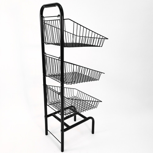 3 Tier Black Wire Basket Stand–Freestanding Display Rack for Bread,Snacks & More