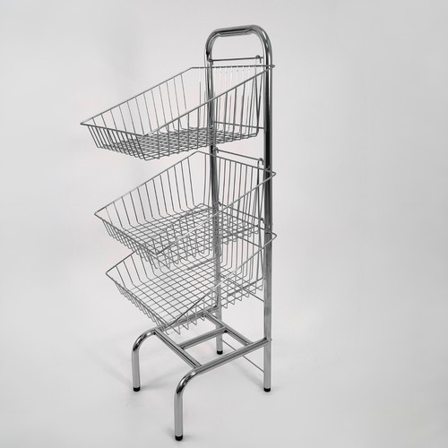 3 Tier Chrome Wire Basket Stand, full-height product view against a light background, full-height product photograph