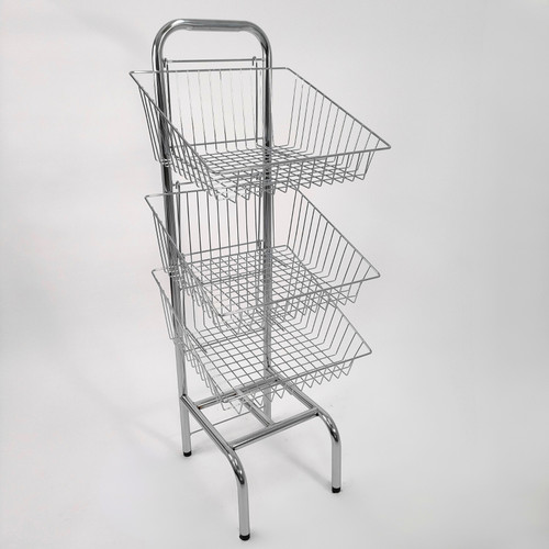 3 Tier Chrome Wire Basket Stand–Freestanding Display Rack for Bread,Snacks & More