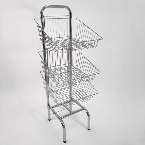 3 Tier Chrome Wire Basket Stand, full-height product view against a light background, brightly lit product image