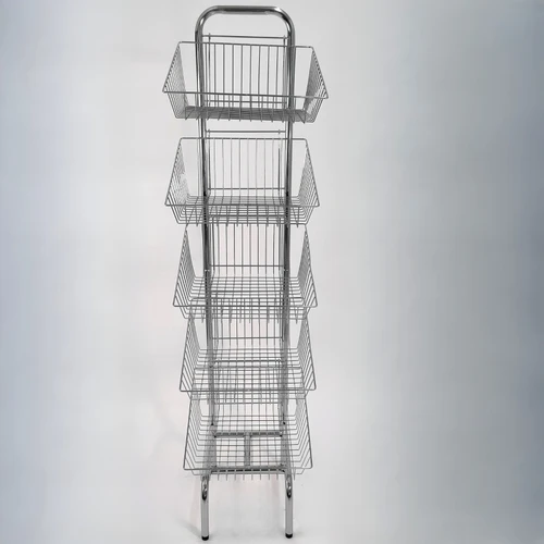 5 Tier Chrome Wire Basket Stand, full-height product view against a light background, balanced, centred square layout