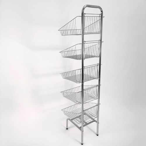 5 Tier Chrome Wire Basket Stand–Freestanding Display Rack for Bread,Snacks & More