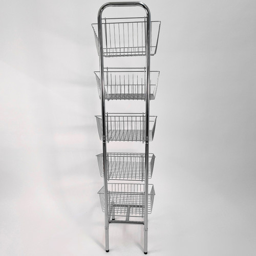 5 Tier Chrome Wire Basket Stand–Freestanding Display Rack for Bread,Snacks & More