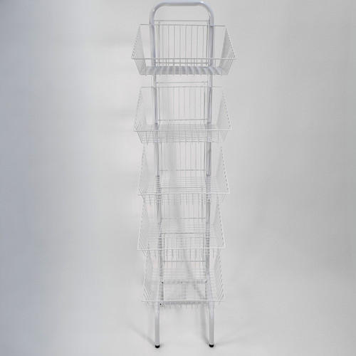 5 Tier White Wire Basket Stand–Freestanding Display Rack for Bread,Snacks & More