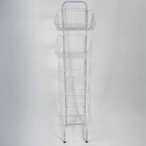 5 Tier White Wire Basket Stand, full-height product view against a light background, balanced, centred square layout