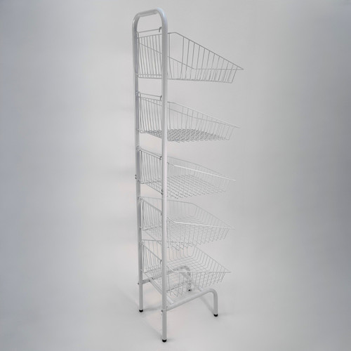 5 Tier White Wire Basket Stand–Freestanding Display Rack for Bread,Snacks & More
