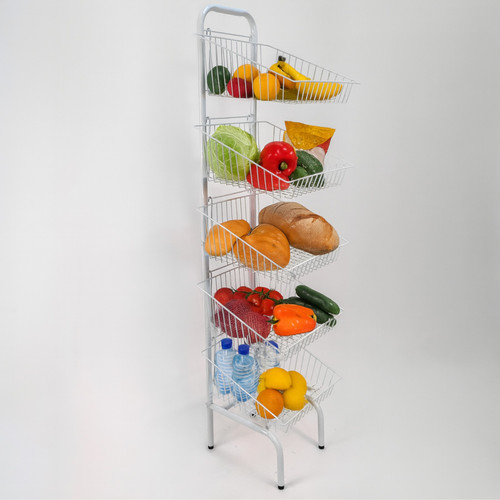 5 Tier White Wire Basket Stand–Freestanding Display Rack for Bread,Snacks & More