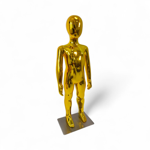 Gold Full Body Adjustable Child Mannequin, full-height product view on a white background, balanced, centred square layout