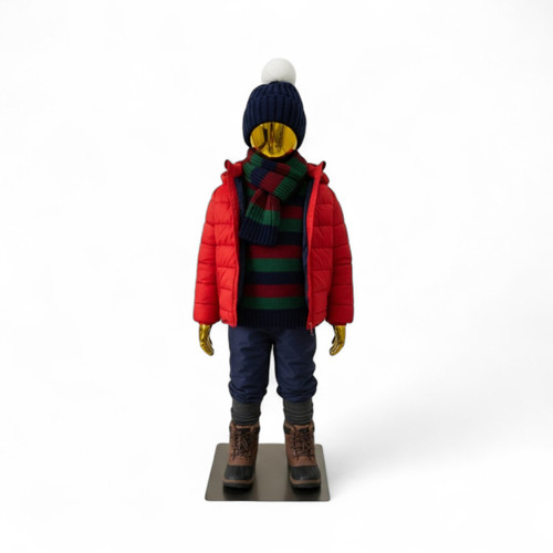 Gold Full Body Adjustable Child Mannequin, full-height product view on a white background, full-height product photograph