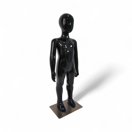 Glossy Black Realistic Adjustable Child Mannequin, full-height product view on a white background, balanced, right-balanced square layout