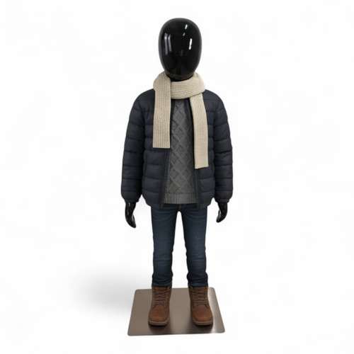 Glossy Black Realistic Adjustable Child Mannequin, full-height product view on a white background, brightly lit product image