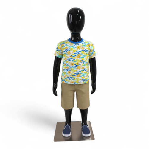 Glossy Black Realistic Adjustable Child Mannequin, full-height product view on a white background, balanced, centred square layout