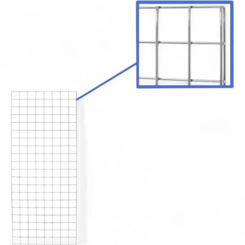 Full-height chrome gridwall mesh panel with an enlarged inset of its wire grid