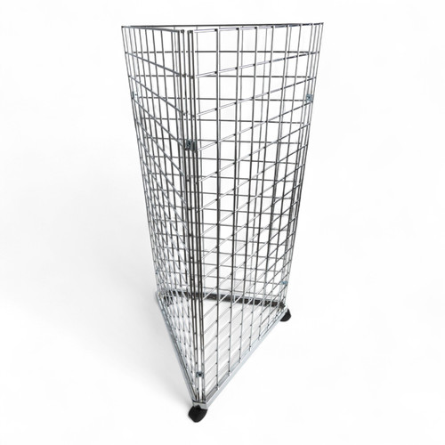Triangular Chrome Base for Grid Mesh Panels – 3-Way Mobile Display with Castors