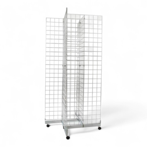 Four-Way Chrome Base for Grid Mesh Panels – Mobile 360° Display with Castors