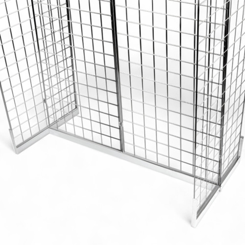 Chrome Gondola Base for Grid Mesh Panels, close product view against a coloured background