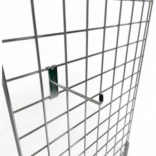 6" Chrome Single Prong Hook for Grid Mesh Panels, close product view against a coloured background, close product photograph