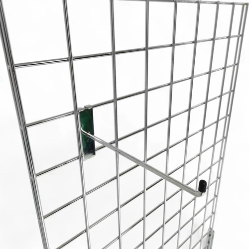 8" Chrome Single Prong Hook for Grid Mesh Panels, product shown against a coloured background