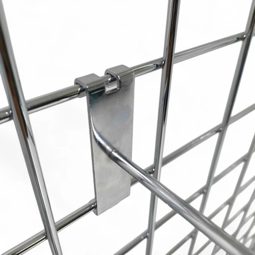 8" Chrome Single Prong Hook for Grid Mesh Panels, product shown against a coloured background, brightly lit product image