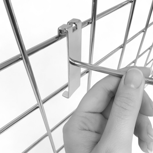 8" Chrome Single Prong Hook for Grid Mesh Panels, product shown against a coloured background, balanced, centred square layout