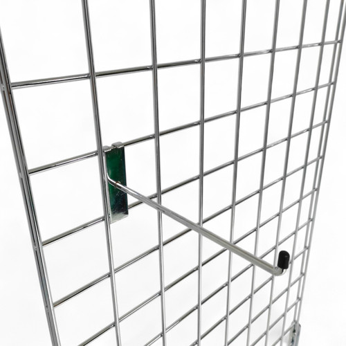 10" Chrome Single Prong Hook for Grid Mesh Panels, close product view against a light background, close product photograph