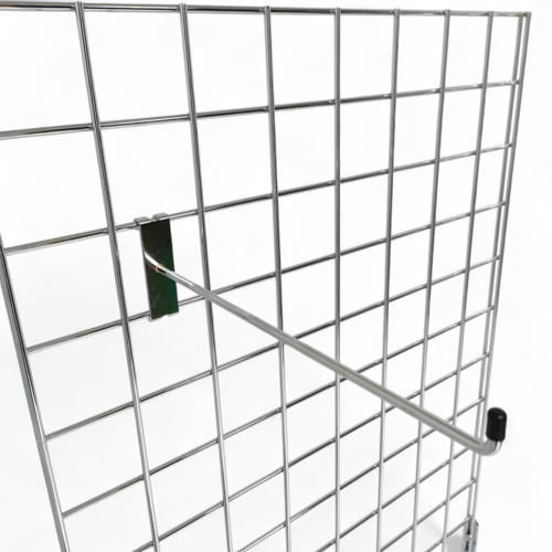12" Chrome Single Prong Hook for Grid Mesh Panels, close product view against a light background, close product photograph