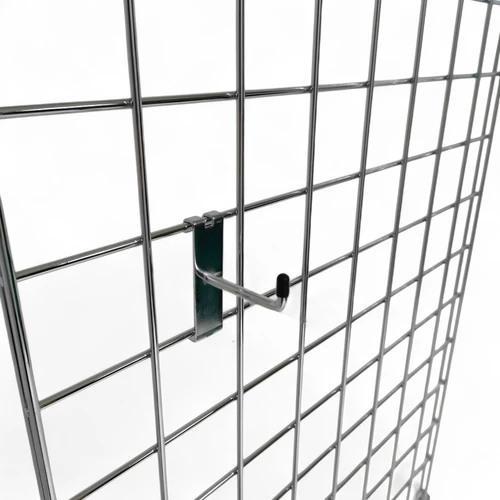 2" Chrome Single Prong Hook for Grid Mesh Panels, product shown against a coloured background