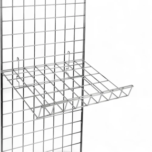 Angled Shelf with Lip for Gridwall Panels, product shown against a coloured background, balanced, centred square layout