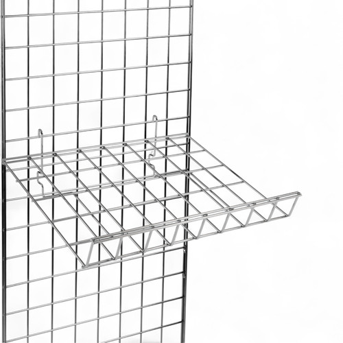 Angled Shelf with Lip for Gridwall Panels, product shown against a coloured background, standard product photograph